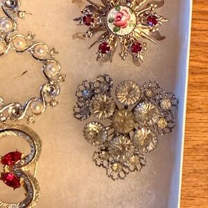 Vintage Elegant Silver and Red Brooch Set